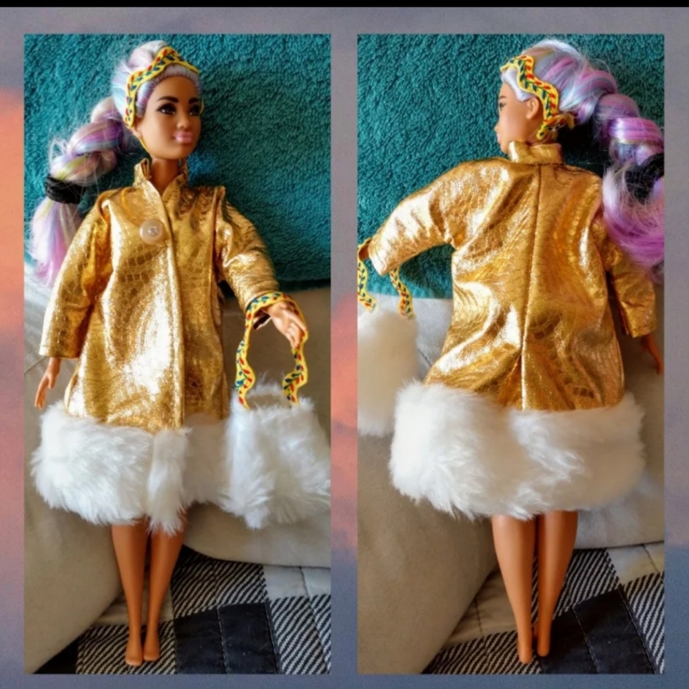 Handmade (Curvy) Barbie 3 pc outfit gold coat faux fur original